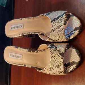 Steve madden womans sandals Size 9.5m silver and gold snakeprint.3.5 block heels